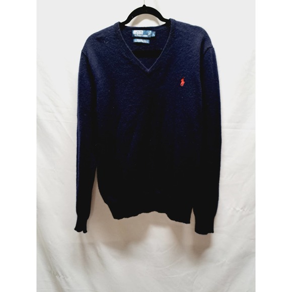 Polo By Ralph Lauren Navy Blue V-Neck 100% Italian Lambs wool Sweater Lg.